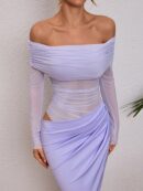 Vestido Tubo Largo con Hombros Descubiertos y Detalles de Tul