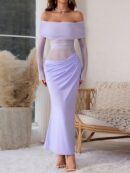 Vestido Tubo Largo con Hombros Descubiertos y Detalles de Tul