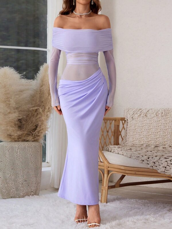Vestido Tubo Largo con Hombros Descubiertos y Detalles de Tul - Image 14