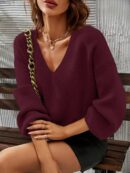 Sweater V-Neck con Hombros Caídos Estilo Francés