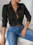 Blusa Casual Blanca de Manga Larga con Cuello y Bolsillo