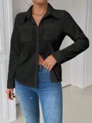 Blusa Casual Blanca de Manga Larga con Cuello y Bolsillo
