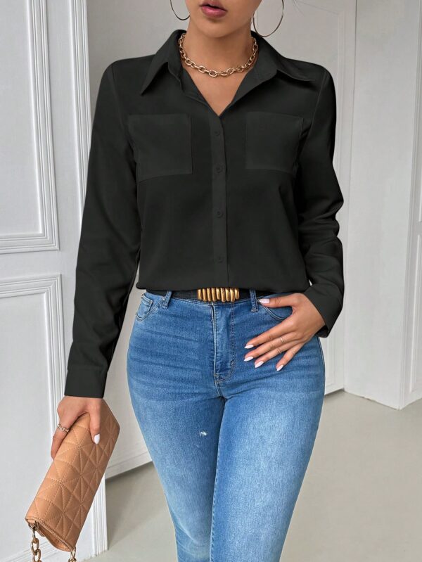 Blusa Casual Blanca de Manga Larga con Cuello y Bolsillo - Image 13