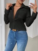 Blusa Casual Blanca de Manga Larga con Cuello y Bolsillo