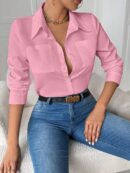 Blusa Casual Blanca de Manga Larga con Cuello y Bolsillo
