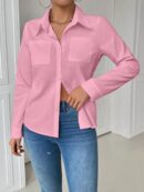 Blusa Casual Blanca de Manga Larga con Cuello y Bolsillo