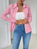 Blusa Casual Blanca de Manga Larga con Cuello y Bolsillo