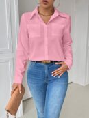 Blusa Casual Blanca de Manga Larga con Cuello y Bolsillo