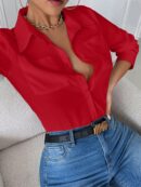Blusa Casual Blanca de Manga Larga con Cuello y Bolsillo