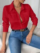 Blusa Casual Blanca de Manga Larga con Cuello y Bolsillo