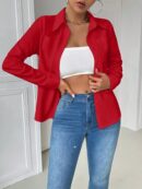 Blusa Casual Blanca de Manga Larga con Cuello y Bolsillo