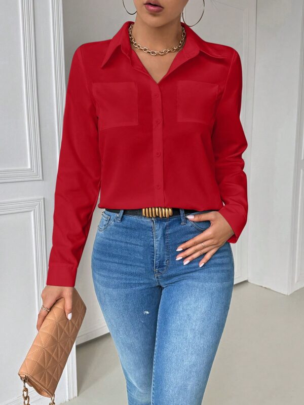 Blusa Casual Blanca de Manga Larga con Cuello y Bolsillo - Image 27