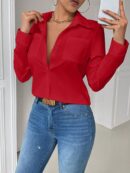 Blusa Casual Blanca de Manga Larga con Cuello y Bolsillo