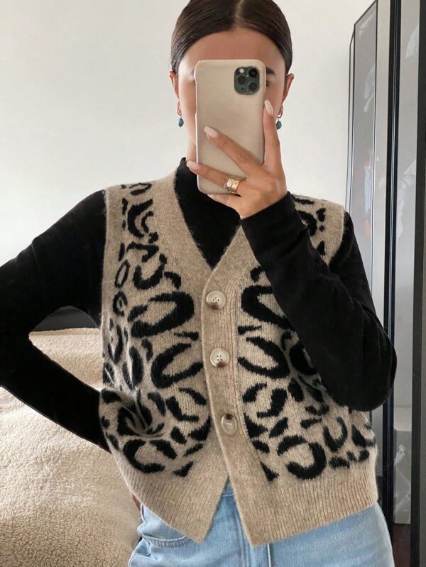 Chaleco de Punto con Estampado de Leopardo y Botones