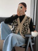 Chaleco de Punto con Estampado de Leopardo y Botones
