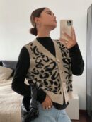 Chaleco de Punto con Estampado de Leopardo y Botones