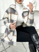 Abrigo Cuadros Colorblock con Bolsillos Grandes y Solapa