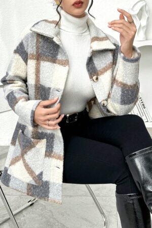 Abrigo Cuadros Colorblock con Bolsillos Grandes y Solapa