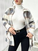 Abrigo Cuadros Colorblock con Bolsillos Grandes y Solapa
