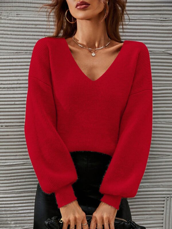 Sweater V-Neck con Hombros Caídos Estilo Francés - Image 42