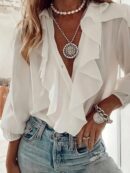 Blusa Casual con Volantes y Escote en V de Manga Larga
