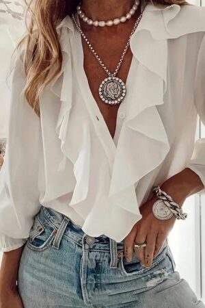 Blusa Casual con Volantes y Escote en V de Manga Larga