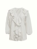 Blusa Casual con Volantes y Escote en V de Manga Larga