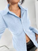 Blusa de Negocios Casual a Rayas con Botones y Manga Larga