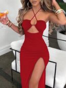 Vestido Largo Halter Sin Mangas con Espalda Descubierta y Abertura Lateral