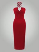Vestido Largo Halter Sin Mangas con Espalda Descubierta y Abertura Lateral
