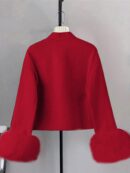 Abrigo Elegante de Color Sólido con Puños de Piel y Lazo Decorativo