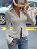 Camisa a Rayas de Manga Larga para Mujer Estilo Casual