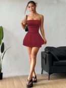 Vestido Mini Strapless Sexy con Estampado de Leopardo y Dobladillo Volante Doble