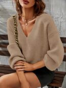 Sweater V-Neck con Hombros Caídos Estilo Francés