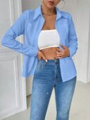 Blusa Casual Blanca de Manga Larga con Cuello y Bolsillo