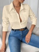 Blusa Casual Blanca de Manga Larga con Cuello y Bolsillo