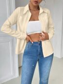 Blusa Casual Blanca de Manga Larga con Cuello y Bolsillo
