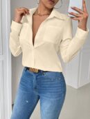 Blusa Casual Blanca de Manga Larga con Cuello y Bolsillo