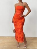 Vestido Strapless Tie Dye con Abertura Lateral y Ruched