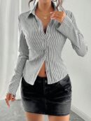 Camisa a Rayas de Manga Larga para Mujer Estilo Casual