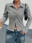 Camisa a Rayas de Manga Larga para Mujer Estilo Casual
