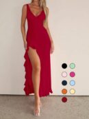 Vestido de Verano con Escote V, Detalles Fruncidos y Abertura
