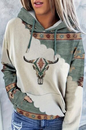 Buzo con Capucha, Estampado Animal Tribal y Bolsillo Canguro
