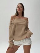Sweater Elegante de Hombros Descubiertos con Detalle de Anillo