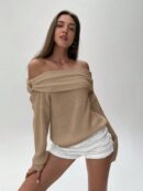 Sweater Elegante de Hombros Descubiertos con Detalle de Anillo