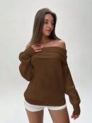Sweater Elegante de Hombros Descubiertos con Detalle de Anillo