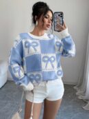 Sweater Tejido con Diseño a Cuadros y Detalle de Moño 3D