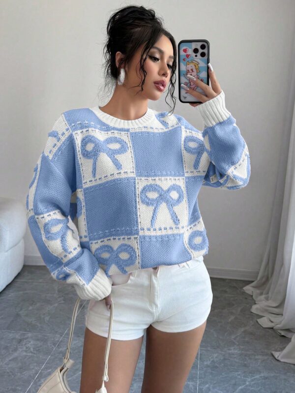 Sweater Tejido con Diseño a Cuadros y Detalle de Moño 3D - Image 7