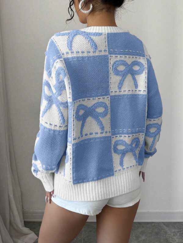 Sweater Tejido con Diseño a Cuadros y Detalle de Moño 3D - Image 8