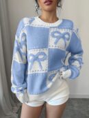 Sweater Tejido con Diseño a Cuadros y Detalle de Moño 3D